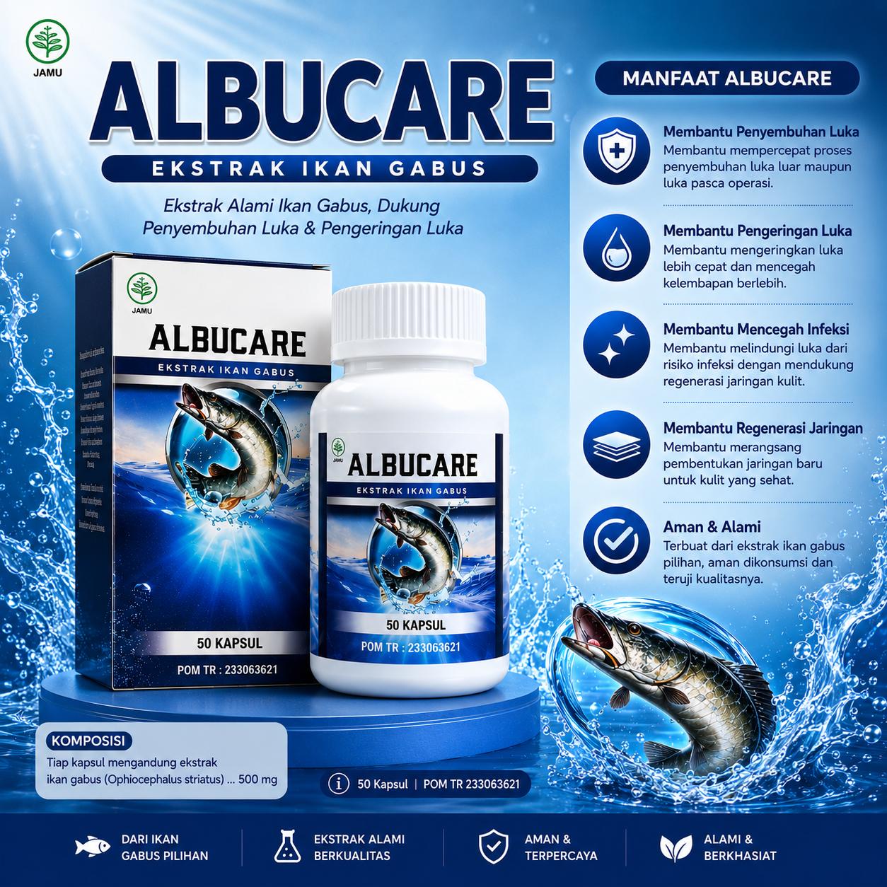 Albucare - Ekstrak Albumin, Asam Amino, Protein Ikan Gabus Pengering Luka & Vitamin Pemulihan Pasca Operasi Luka Infeksi Halal MUI & BPOM Isi 100 Kapsul
