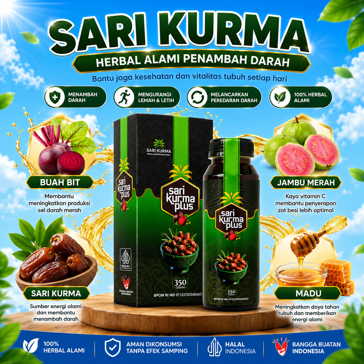 Sari Kurma Plus Untuk Vertigo Pusing Kliyengan Anemia Penambah HB Rendah Vitamin Badan Lemas Isi 350gram BPOM Halal MUI 2